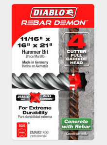 Diablo 11/16" x 16" x 21" Rebar Demon™ SDS-Max 4-Cutter Full Carbide Head Hammer Drill Bit DMAMX1430