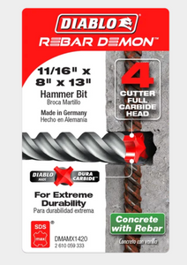 Diablo 11/16" x 8" x 13" Rebar Demon™ SDS-Max 4-Cutter Full Carbide Head Hammer Drill Bit DMAMX1420