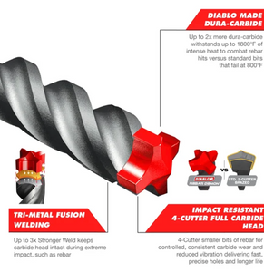 Diablo 1-1/8" x 31" x 36" Rebar Demon™ SDS-Max 4-Cutter Full Carbide Head Hammer Drill Bit DMAMX1280