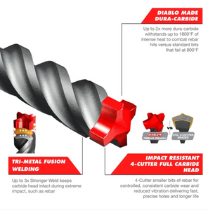 Diablo 1-1/8" x 24" x 29" Rebar Demon™ SDS-Max 4-Cutter Full Carbide Head Hammer Drill Bit #DMAMX1270