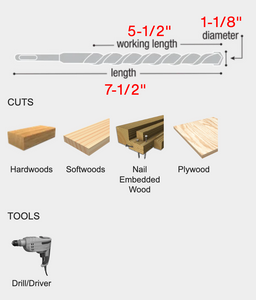 Diablo 1-1/8" x 7-1/2" Auger Bit for Wood & Nail-Embedded Wood #DAG1140