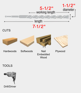 Diablo 1-1/2" x 7-1/2" Auger Bit for Wood & Nail-Embedded Wood #DAG1170